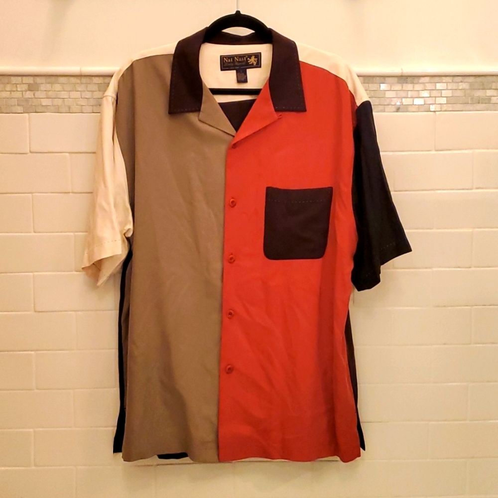 100% Silk Nat Nast vintage "Krazy Kwilt" bowling shirt Large